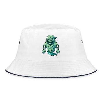 Gruseliger grüner Cartoon-Geist mit skelettartigen Zügen - Bucket Hat - Weiß/Navy - Vorne