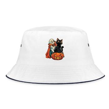 Halloween Katze auf Kürbis mit schüchternem - Bucket Hat - Weiß/Navy - Vorne