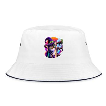 Halloween Katze mit Hexenhut und kippendem Objekt - Bucket Hat - Weiß/Navy - Vorne