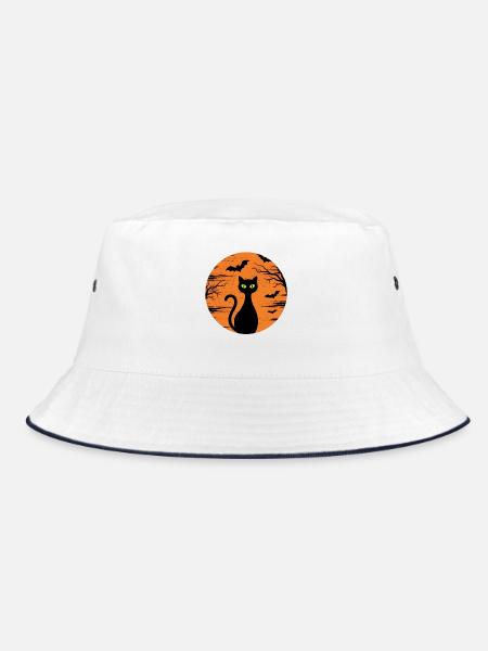 Lustige Halloween schwarze Katze mit grünen Augen - Bucket Hat - Weiß/Navy