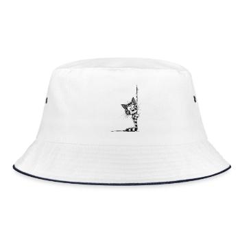 Getigerte Katze Sketch schaut um die Ecke - Bucket Hat - Weiß/Navy - Vorne
