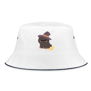 Kawaii-Hexenpudding auf einem Besen - Bucket Hat - Weiß/Navy - Vorne