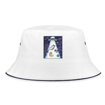 Katze UFO Entführung - Bucket Hat - Weiß/Navy - Vorne