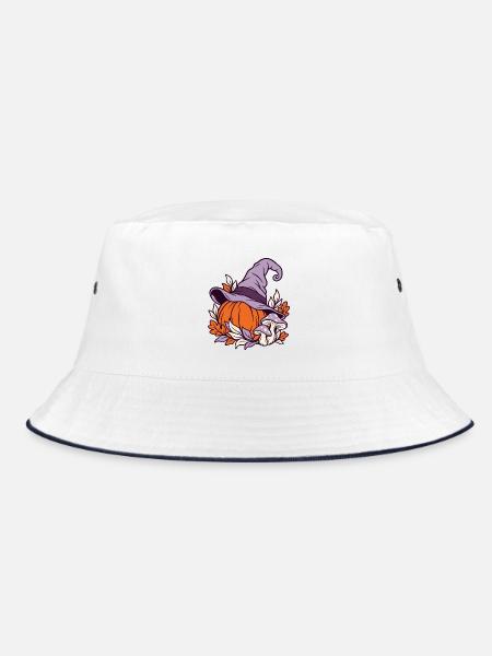 Herbstlicher Kürbis mit Hexenhut - Bucket Hat - Weiß/Navy