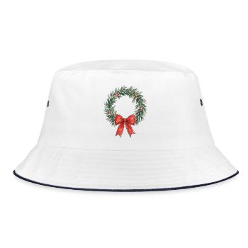 Traditioneller Weihnachtskranz mit roter Schleife - Bucket Hat - Weiß/Navy - Vorne