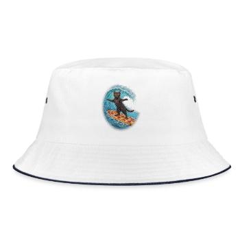 Schwarzer Kater surft auf Pizza Welle - Bucket Hat - Weiß/Navy - Vorne