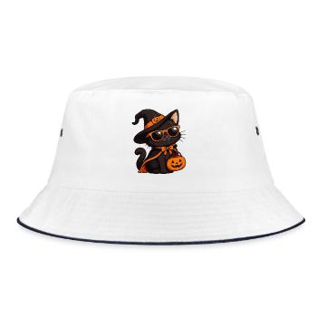 Halloween-Katze mit Kürbiskorb - Bucket Hat - Weiß/Navy - Vorne
