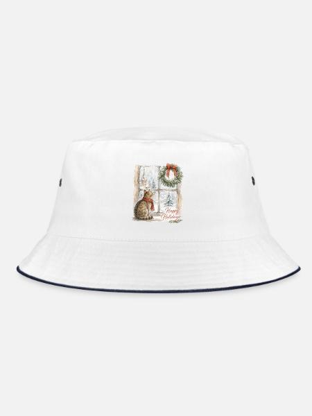 Weihnachtskatze am Fenster mit Kranz - Bucket Hat - Weiß/Navy
