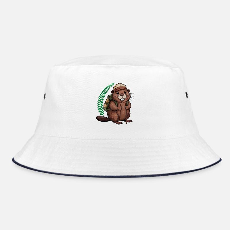 Funny beaver with hiking poles and backpack Bucket Hat