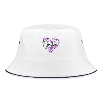 Emilia Name Design with Heart-Shaped purple Hearts - Bucket Hat - white/navy - Front