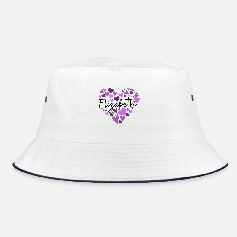 Elizabeth Namensdesign mit herzförmiger lila Hea Bucket Hat