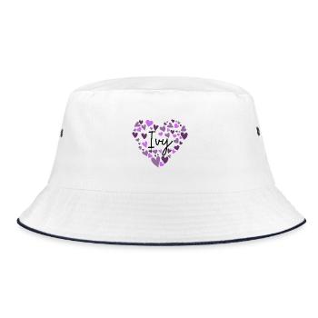 Efeu Name Design mit herzförmigen lila Herzen - Bucket Hat - Weiß/Navy - Vorne