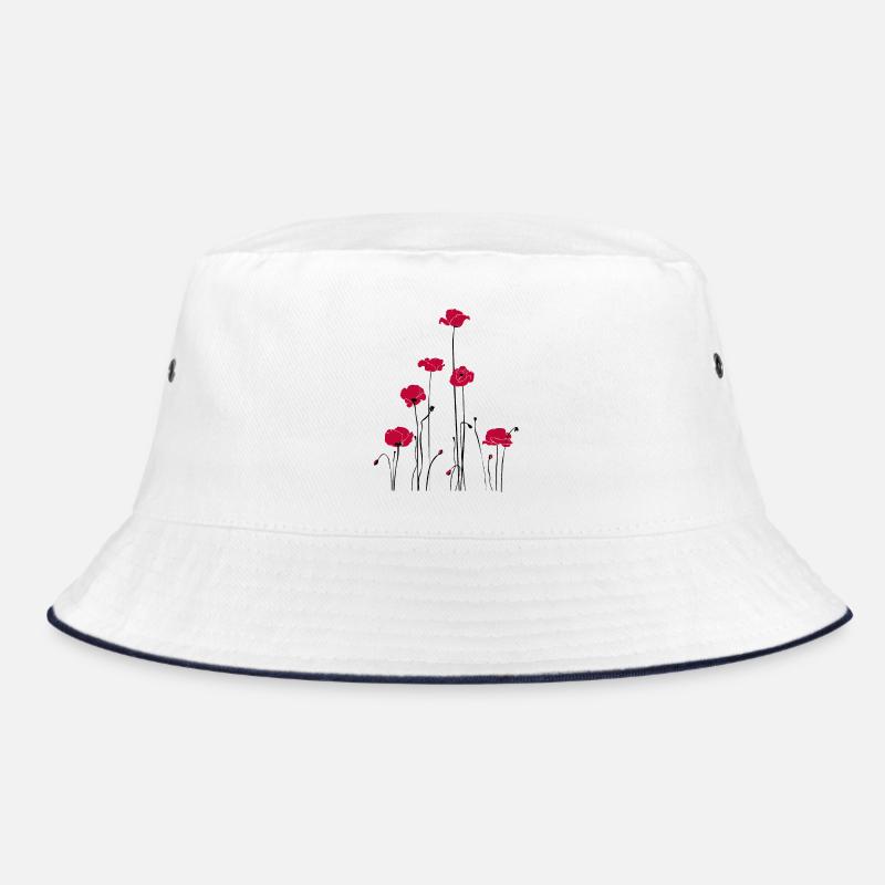 Abstrakte Florale Linienkunst. Mohn - Bucket Hat - Weiß/Navy