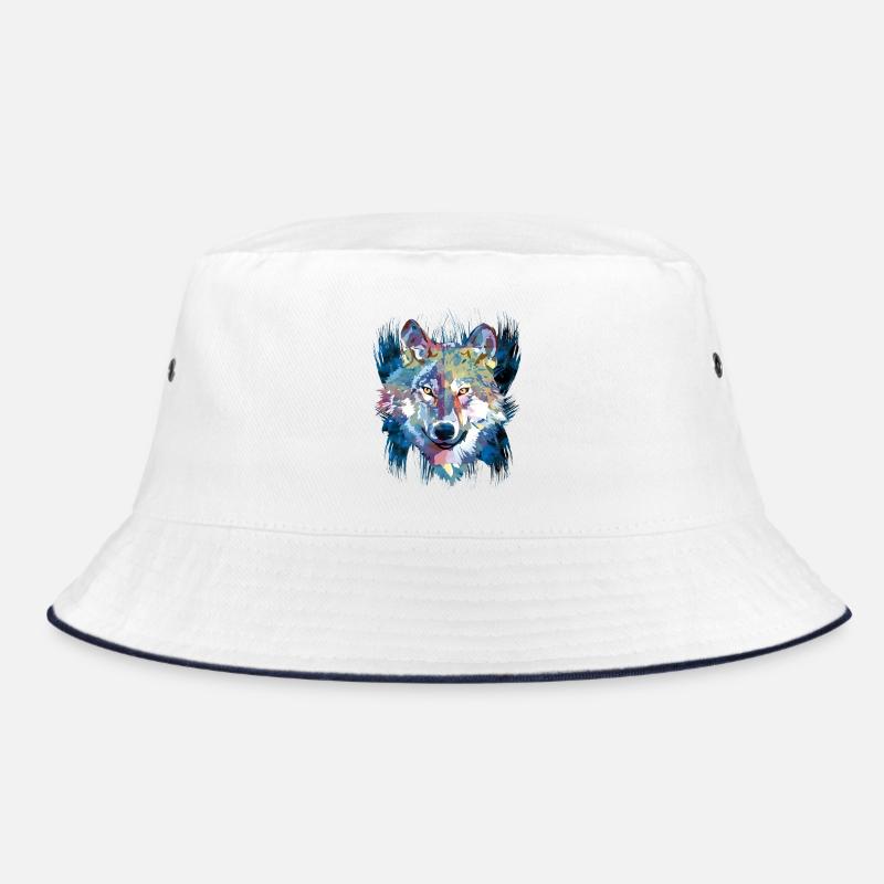 Polygon Wolf - Schöner grauer Wolf in Blau - Bucket Hat - Weiß/Navy