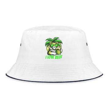 I LOVE BEER Katze unter Palmen mit Bier. - Bucket Hat - Weiß/Navy - Vorne