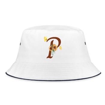 Buchstabe p Sonnenblumenschmetterling - Bucket Hat - Weiß/Navy - Vorne