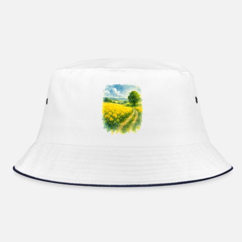 Frühlingshafte Landschaft mit Rapsfeld - Bucket Hat - Weiß/Navy