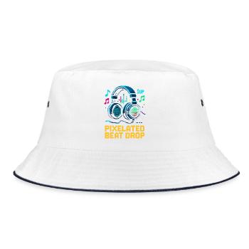PIXELATED BEAT DROP Retro Pixel Kopfhörer 1UP - Bucket Hat - Weiß/Navy - Vorne
