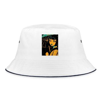 Nachtlicht Mädchen mit UkiyoE Regenschirm - Bucket Hat - Weiß/Navy - Vorne