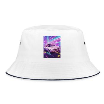 Synthwave Auto im Retro-Stil - Bucket Hat - Weiß/Navy - Vorne