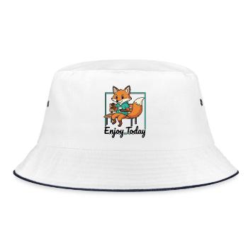 Fox on bench with hoodie coffee - Bucket Hat - white/navy - Front