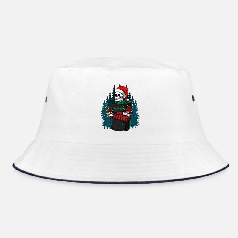 Skeleton in Santa hat drinking beer in winter forest Bucket Hat