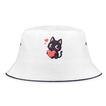 Schwarzes Katzen-Kawaii-Herz - Bucket Hat - Weiß/Navy - Vorne