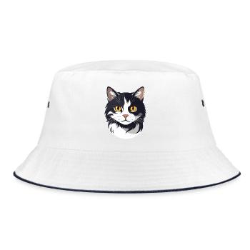 Black White Cat Head Graphic Cute Cat Gold Eyes - Bucket Hat - white/navy - Front