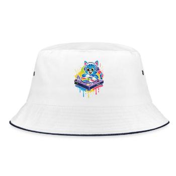 Cat DJ in a rain of colors - Bucket Hat - white/navy - Front