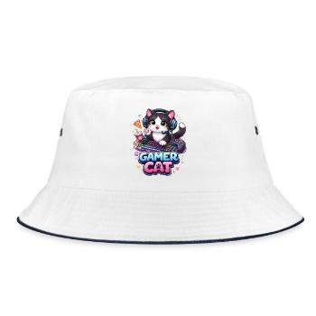 Gamer Cat - Kawaii Cat with Headset & Keyboard - Bucket Hat - white/navy - Front