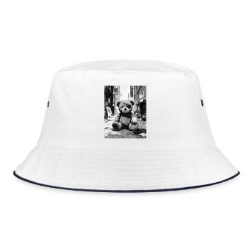 Teddy bear with eye patch near road - Bucket Hat - white/navy - Front