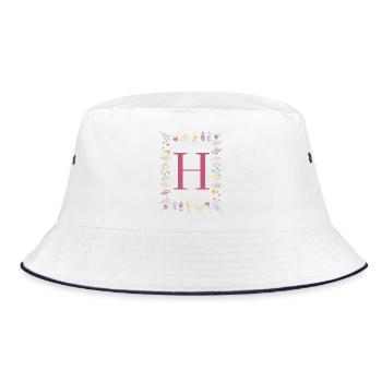 Florale Initialen "H", Buchstaben Monogramm - Bucket Hat - Weiß/Navy - Vorne