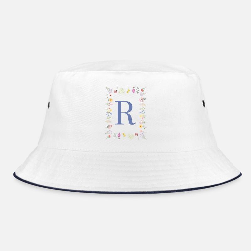 Floral Initials "R", Letters Monogram - Bucket Hat - white/navy