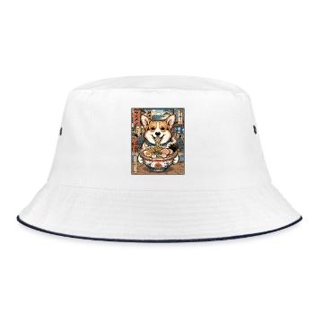 Ramen Corgi in Ukiyo-e Alley - Bucket Hat - white/navy - Front