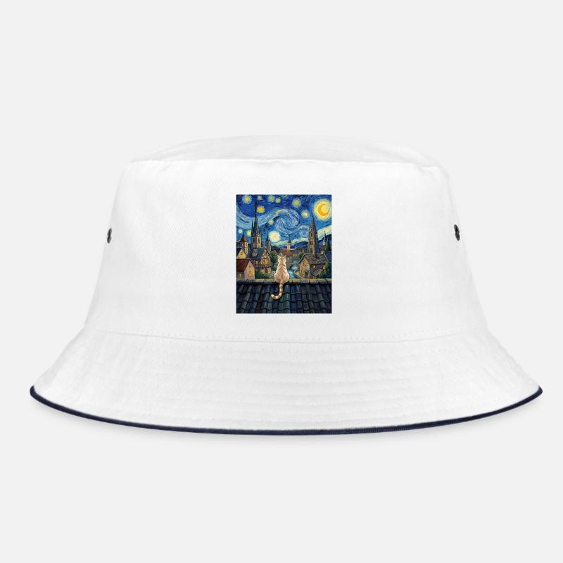 Sternennachtskatze mit Blick auf Dorfkunst Bucket Hat