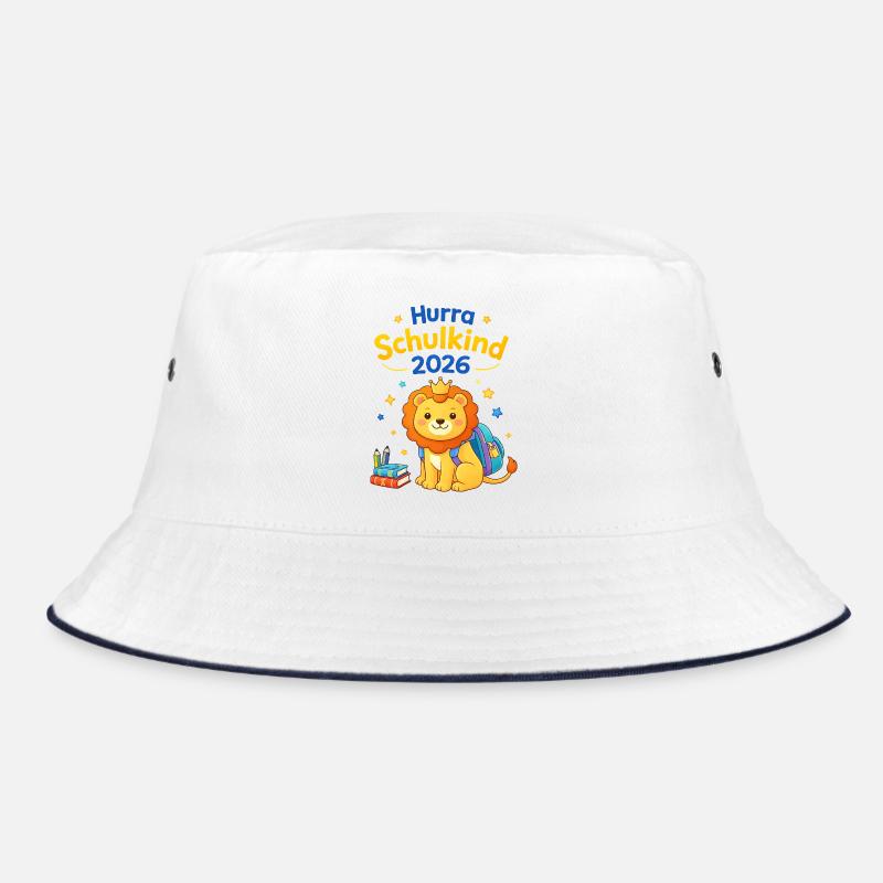 Hurra Schulkind 2026 - Löwe mit Krone - Bucket Hat - Weiß/Navy