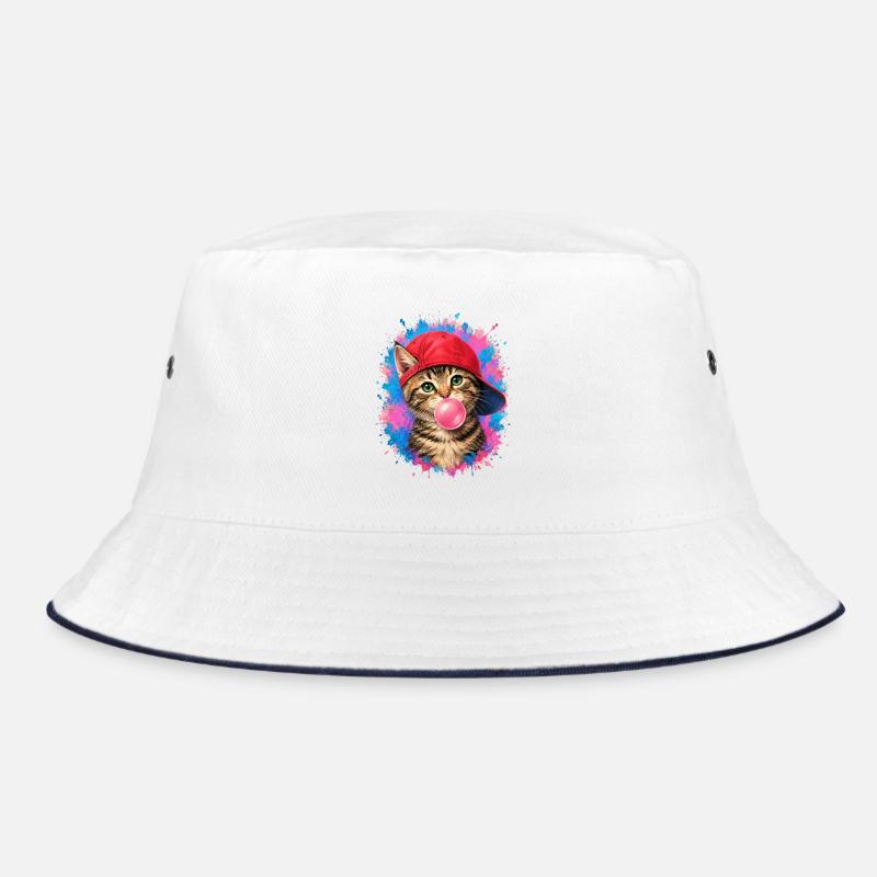 Coole Katze mit Cap und Kaugummi - Bucket Hat - Weiß/Navy