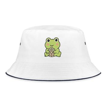 Süßer Kawaii-Frosch trinkt Bubble Tea Aufkleber - Bucket Hat - Weiß/Navy - Vorne