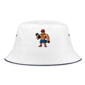 Bodybuilder Cartoon Muskelheld - Bucket Hat - Weiß/Navy - Vorne