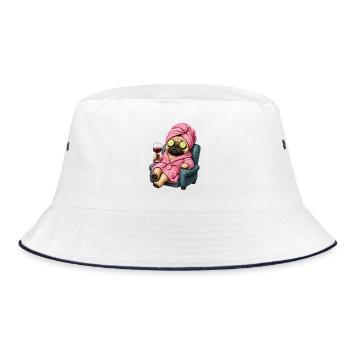 Spa-Pug im Pinken Bademantel - Bucket Hat - Weiß/Navy - Vorne