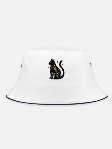 Magische Katze - Schwarz Bunt mit Sternen - Bucket Hat - Weiß/Navy