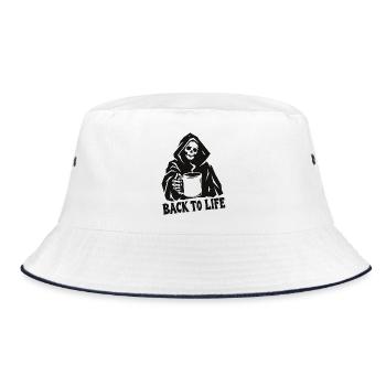 Sensenmann-Kaffee: Zurück ins Leben - Bucket Hat - Weiß/Navy - Vorne