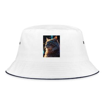 Sternenpfote: Neon-Katze im Licht - Bucket Hat - Weiß/Navy - Vorne