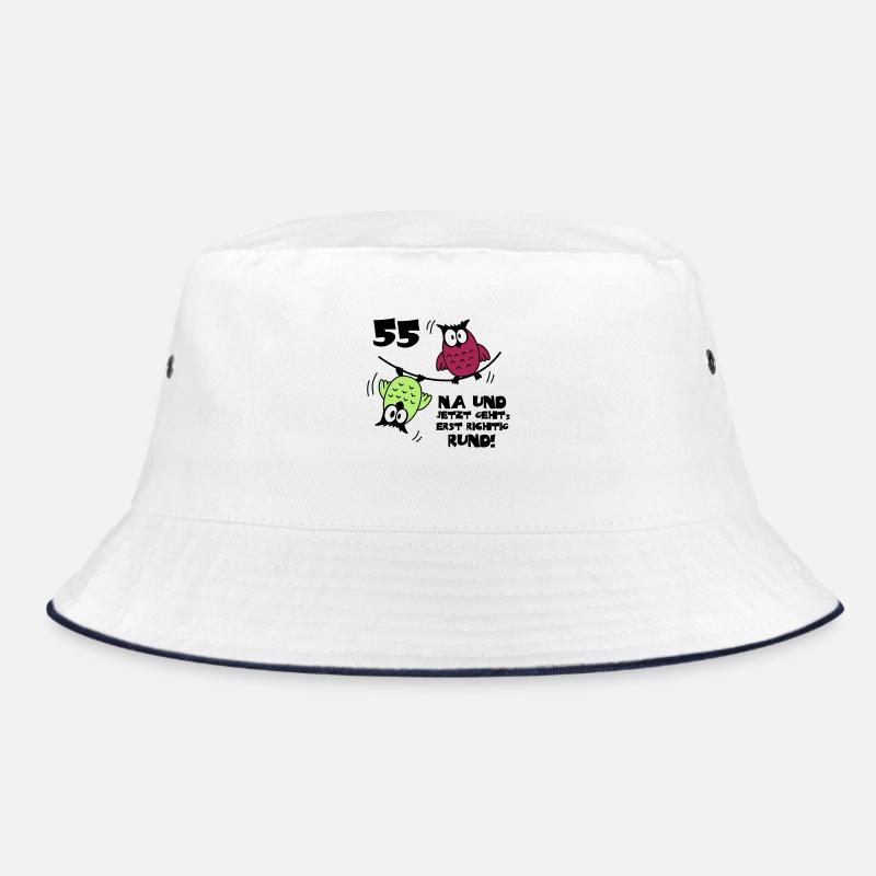 55. Geburtstag - Eulen "na und" - Bucket Hat - Weiß/Navy