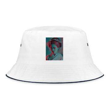 Glitch Geisha Neon-Porträt - Bucket Hat - Weiß/Navy - Vorne