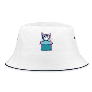 Cat Sitting in Cardboard Package Funny Humor Typical - Bucket Hat - white/navy - Front
