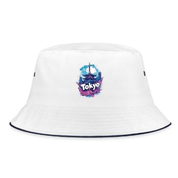 Tokio Japan Pagode Stadt Skyline Sonne Blumen - Bucket Hat - Weiß/Navy - Vorne