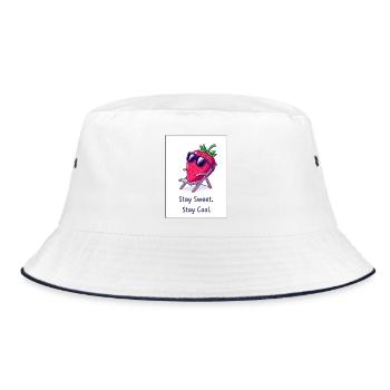 Cool & Sweet: Erdbeer im Sonnenstuhl Motiv! - Bucket Hat - Weiß/Navy - Vorne
