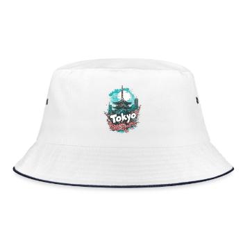 Tokio Japan Pagode Stadt Skyline Sonne Blumen - Bucket Hat - Weiß/Navy - Vorne