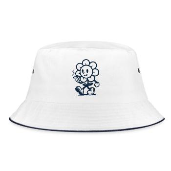 Retro Blumen Maskottchen mit Zigarette Zeichnung - Bucket Hat - Weiß/Navy - Vorne